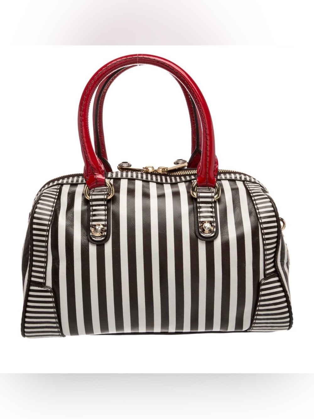Henri Bendel Leather Striped Dome Satchel with Red Handles - Picture 3 of 5